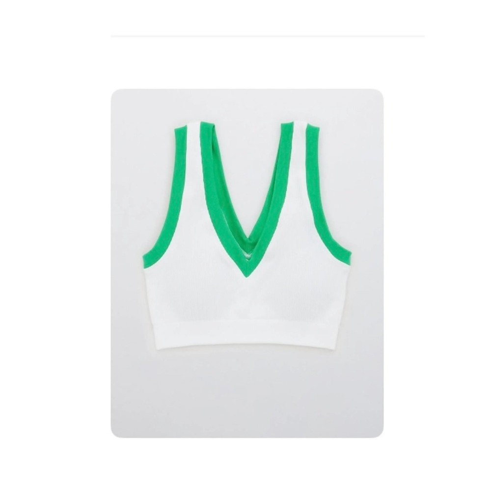 Offline by Aerie White Green Ribbed V-Neck Sports Bra Crop Top Large